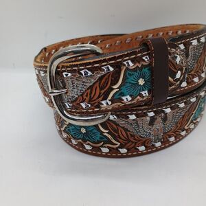 Vtg Mallory Hand Tooled Leather Western Belt Eagles Flowers  Unisex 35.5-38.5"